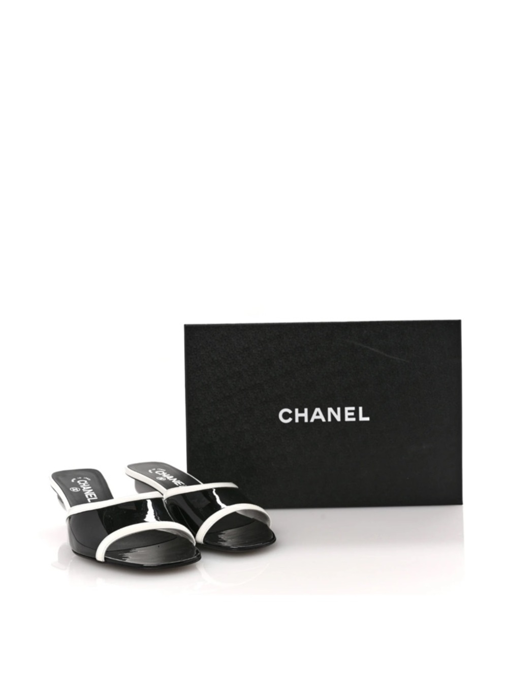 CHANEL Patent Calfskin Mules 38 Black White Grey